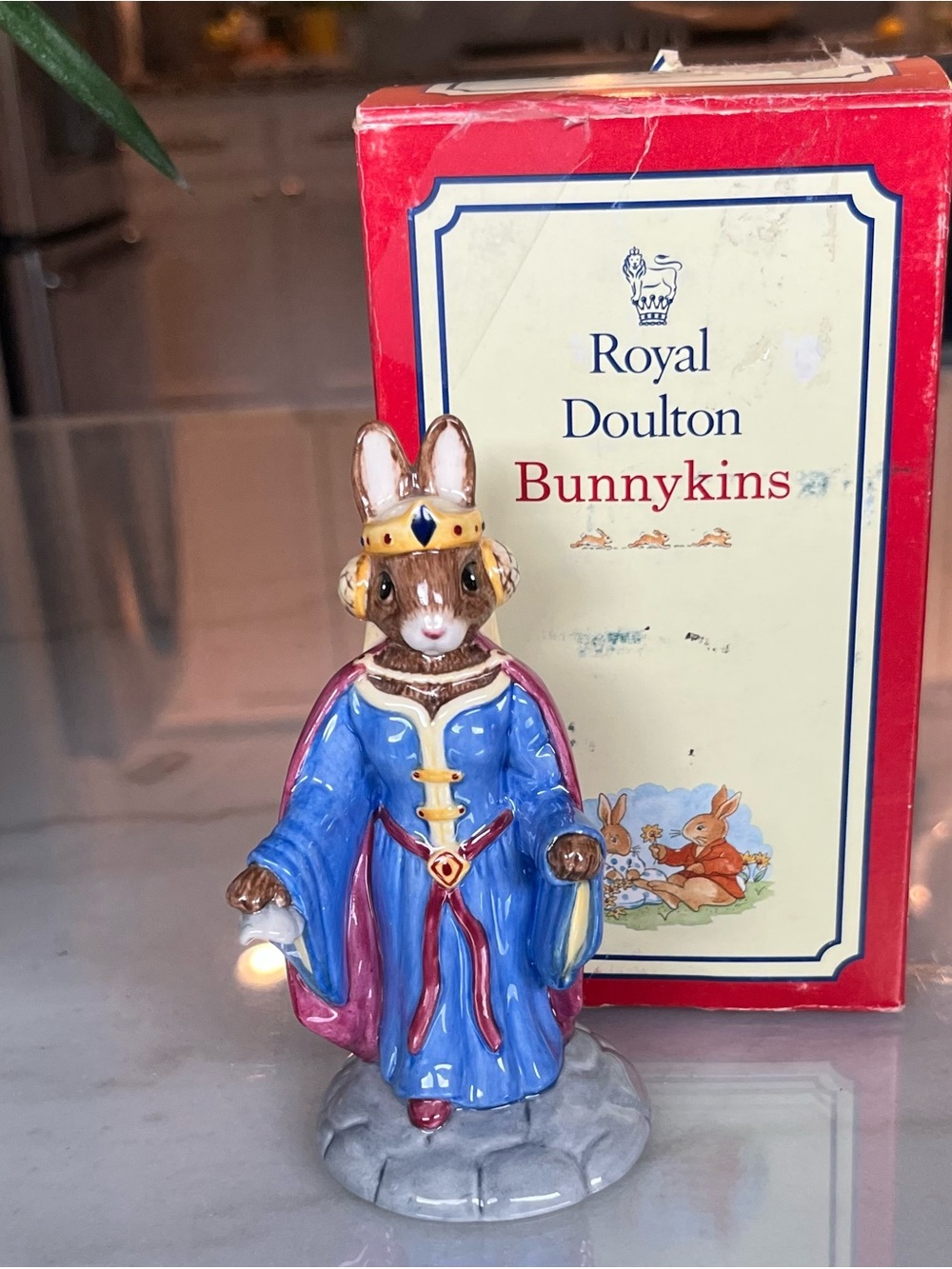Royal Doulton Bunnykins Ceramic Bunny King in Blue and Pink with Gold Crown